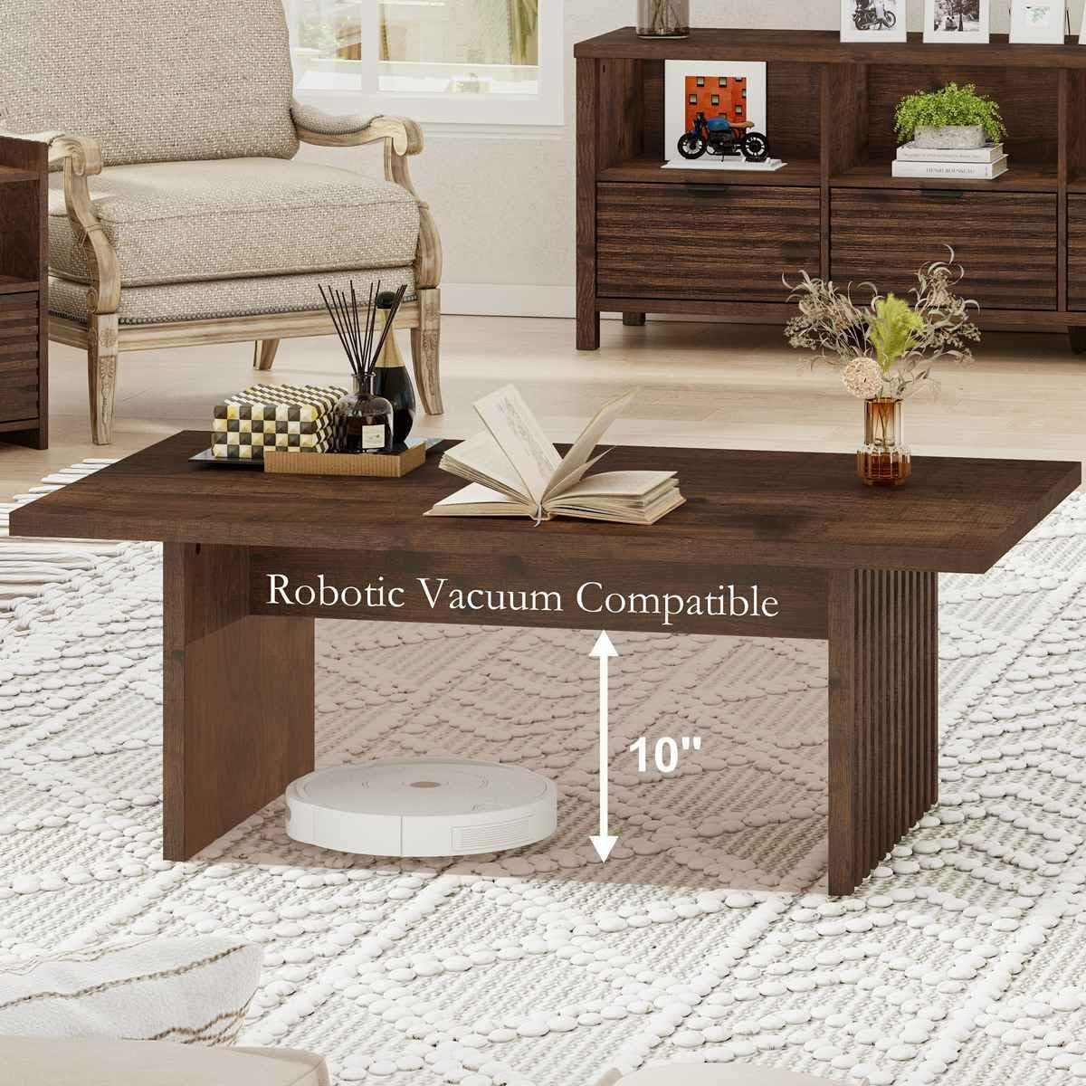 47 Inch Coffee Table, Fluted Side Panels Coffee Tables for Living Room, Large Wooden Tabletop Center Table, Farmhouse Living Room Tables for Lounge, Office, Rustic Oak