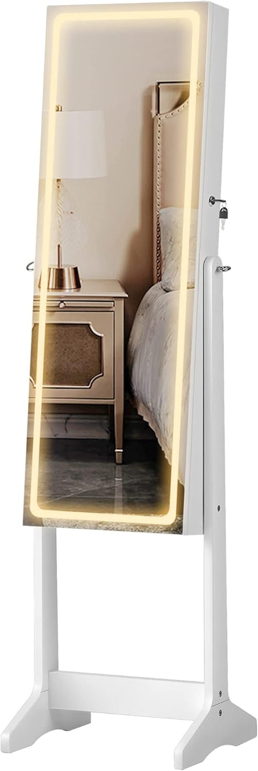 LED Mirror Jewelry Cabinet, Adjustable Brightness and 3 Shades of Light, Standing Jewelry Armoire with Full-Length Mirror, Jewelry Organizer with Built-In Mirror and Lights, White UJJC016W01