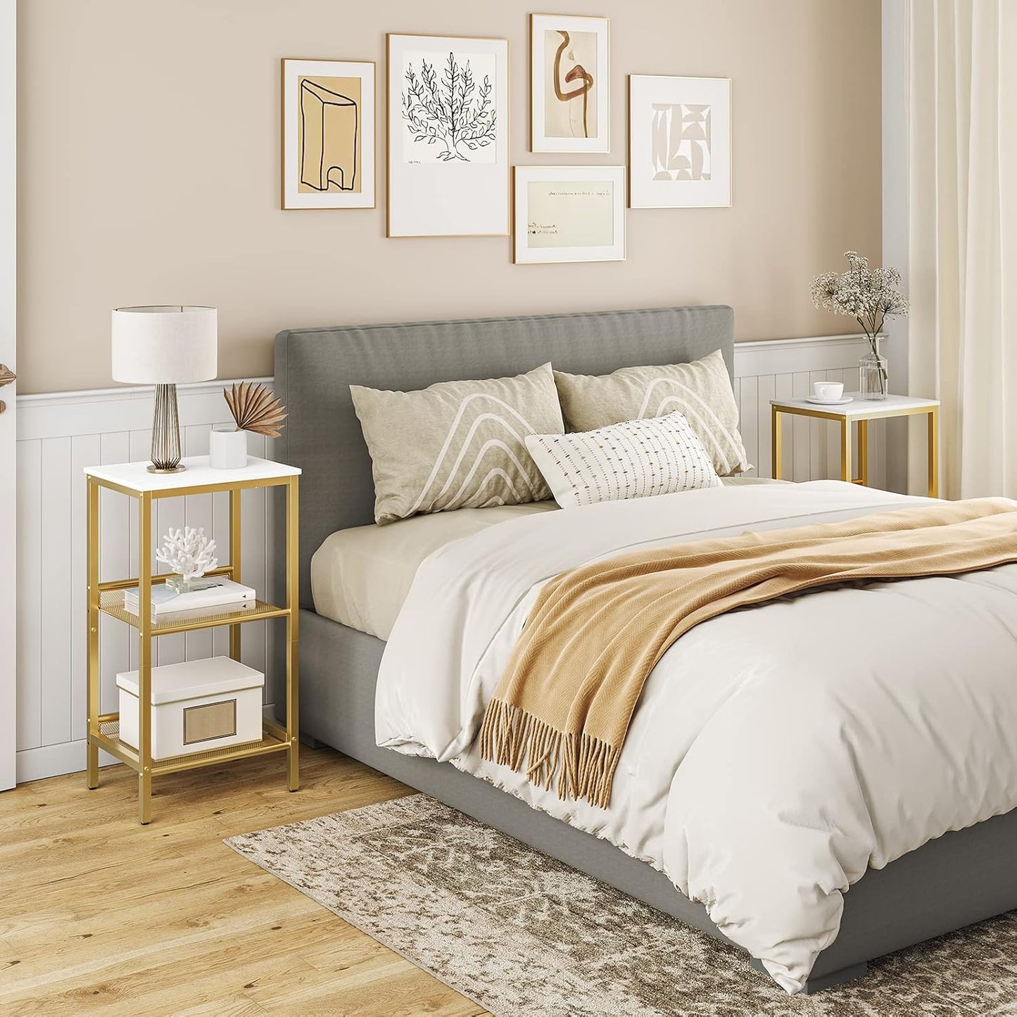 Side Table, 3-Tier Tall End Telephone Table with Adjustable Mesh Shelves, Small Entryway Stand for Living Room Bedroom Hallway or Office, White and Gold DW01DH01G1