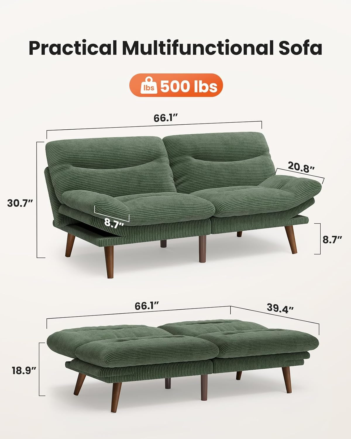 66″Futon Sofa Bed,3-In-1 Futon Couch W/Adjustable Backrest & Armrests, Convertible Sleeper Sofa Bed, Small Folding Sleeper Recliner W/Removable Cushion for Apartment, Living Room,Office (66In,Green) | Corduroy