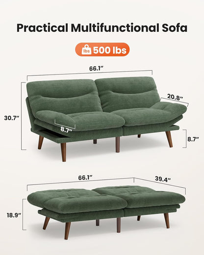 66″Futon Sofa Bed,3-In-1 Futon Couch W/Adjustable Backrest & Armrests, Convertible Sleeper Sofa Bed, Small Folding Sleeper Recliner W/Removable Cushion for Apartment, Living Room,Office (66In,Green) | Corduroy