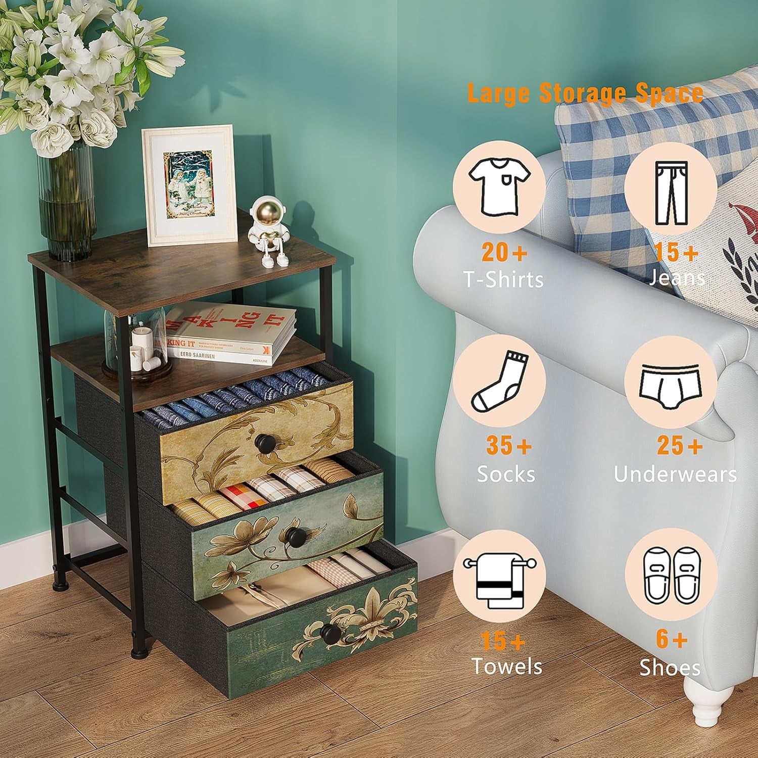 Nightstand with 3 Fabric Drawers Retro End Table with Storage Shelf Vintage Side Table for Bedroom Living Room Sofa beside Farmhouse