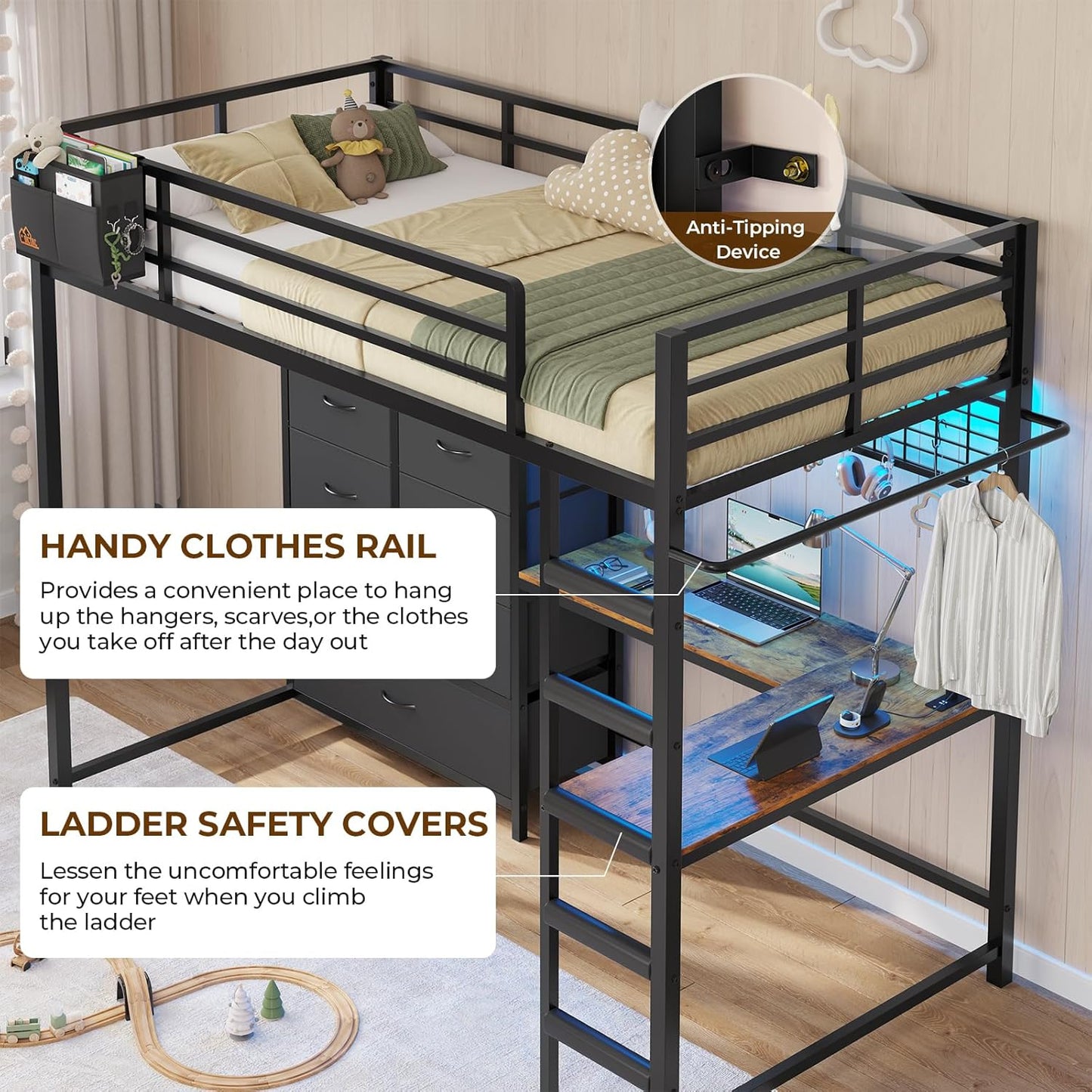 Twin Loft Bed with L-Shaped Desk and 7 Storage Drawers,Metal Twin Size Loft Bed for Kids with LED Lights and Charging Station,13.11" H Safety Guardrail and Ladder,No Box Spring Needed, Black