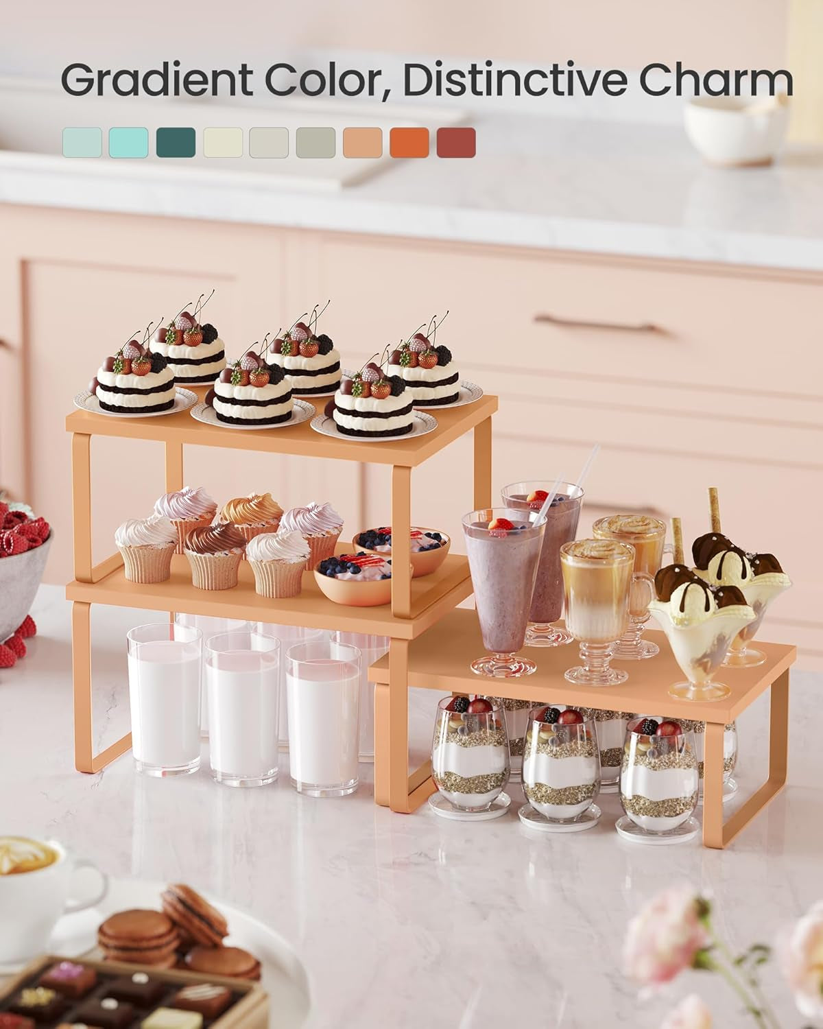 Cabinet Organizer Shelf, Set of 3 Kitchen Counter Shelves, Kitchen Storage, Spice Rack, Stackable, Expandable, Apricot UKCS220Y01V1