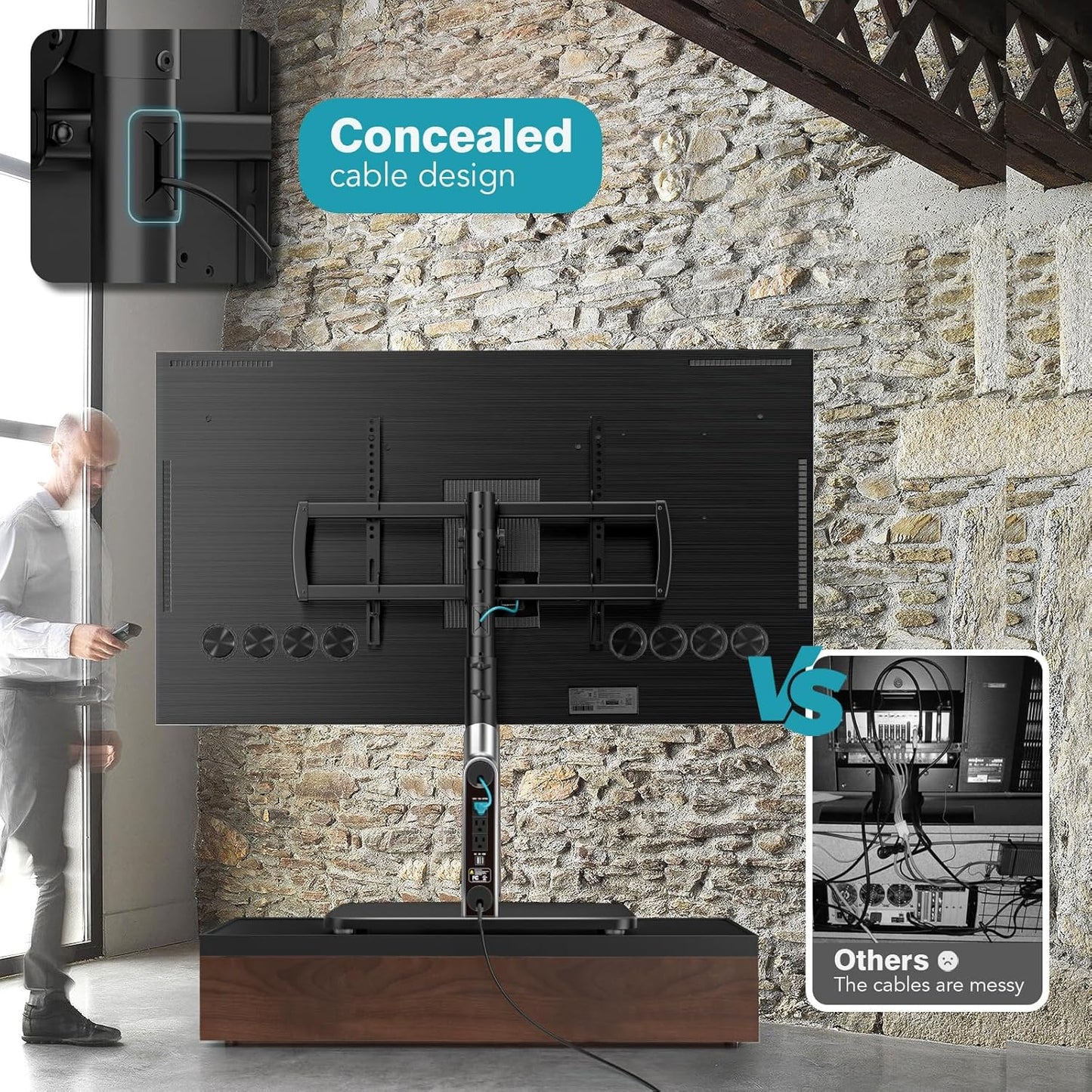 Universal TV Stand Tabletop TV Mount with Power Outlet for 50-90 Inch OLED LED Monitors, 9 Levels Height Adjustment, Ambient Lighting on the Bottom Holds up to 150Lbs, Black 600X400Mm