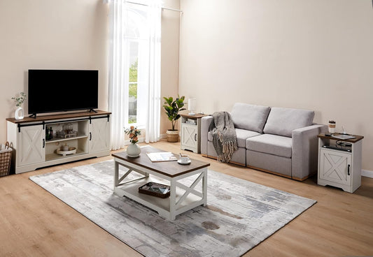 4-Piece Farmhouse Table Set Includes Sliding Barn Door TV Stand, Coffee Table& Two End Tables, Side Table with Charging Station and USB Ports, for Living Room, Distressed White, 66"