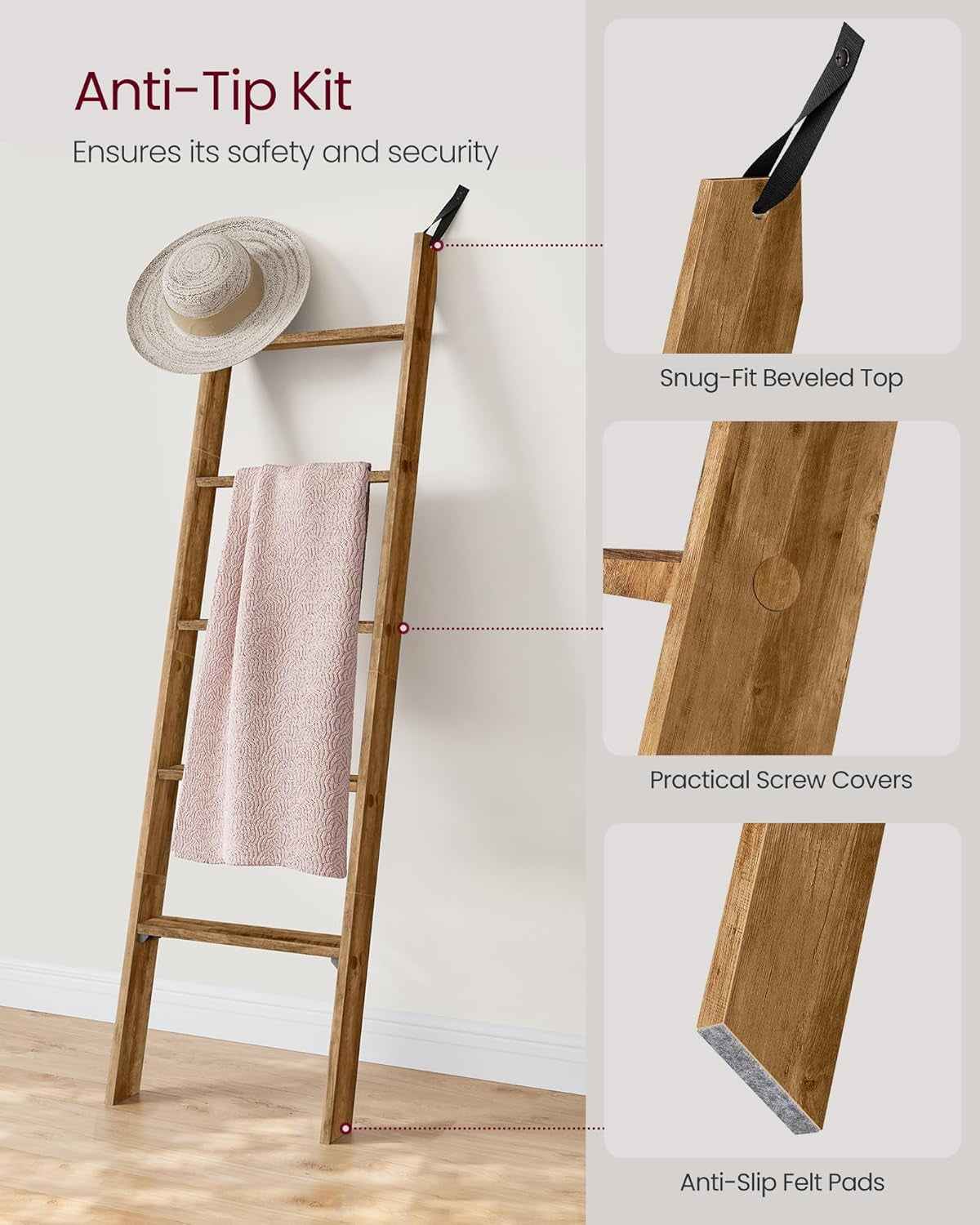 Blanket Ladder Decorative Farmhouse for the Living Room, 5-Tier Ladder Shelf, Ladder Rack for Storage and Decor, Honey Brown ULLS018K41