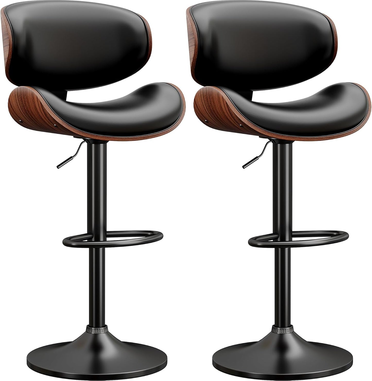 Swivel Bar Stools Set of 2 for Kitchen Counter, Adjustable Bentwood Barstools, Modern PU Leather Upholstered Bar Chair with Back and Footrest, for Bar, Kitchen, Dining Room, Black