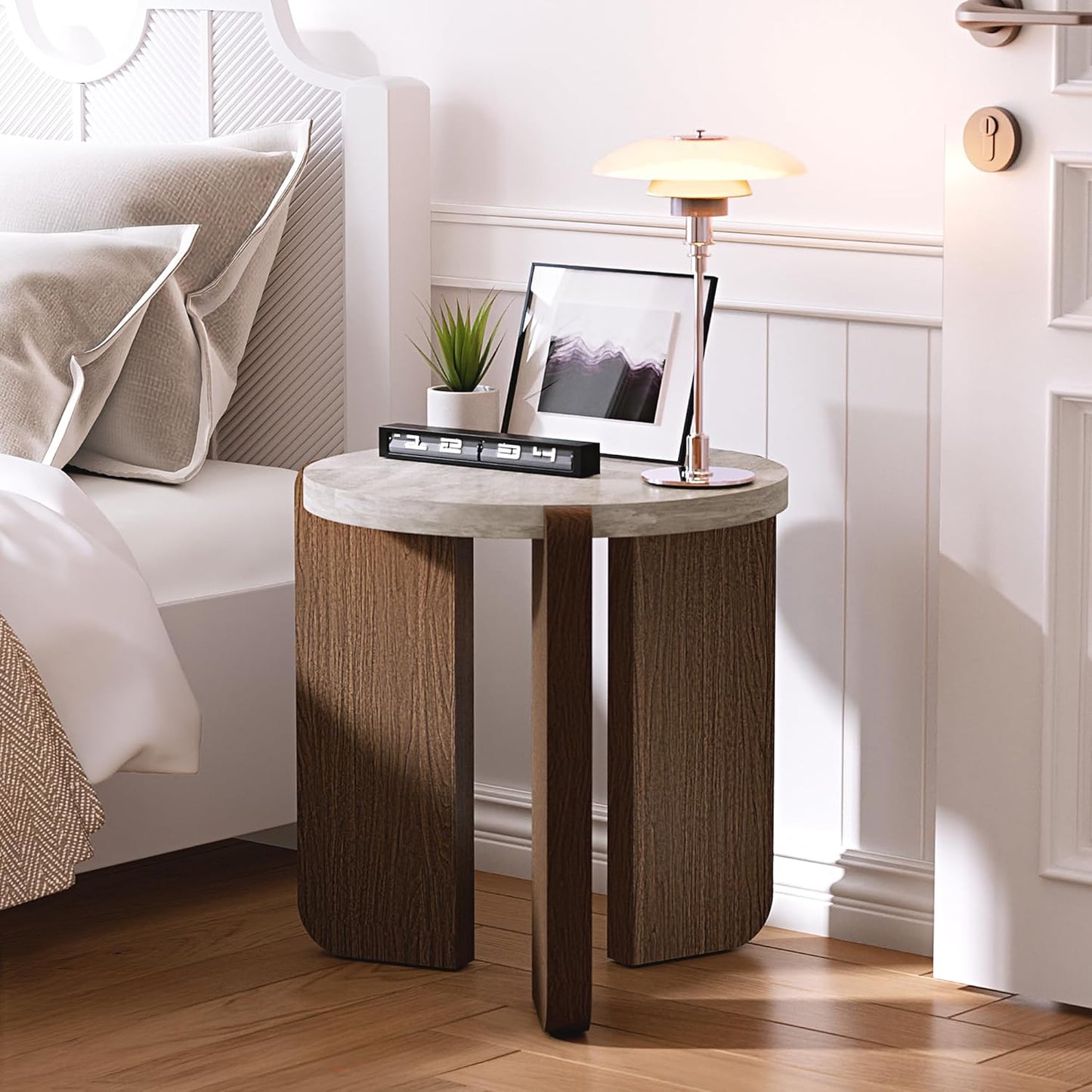 Side Table, Small round End Table with 3 Legs, Nightstand for Small Spaces, Accent Table with Faux Marble Tabletopn for Living Room, Bedroom