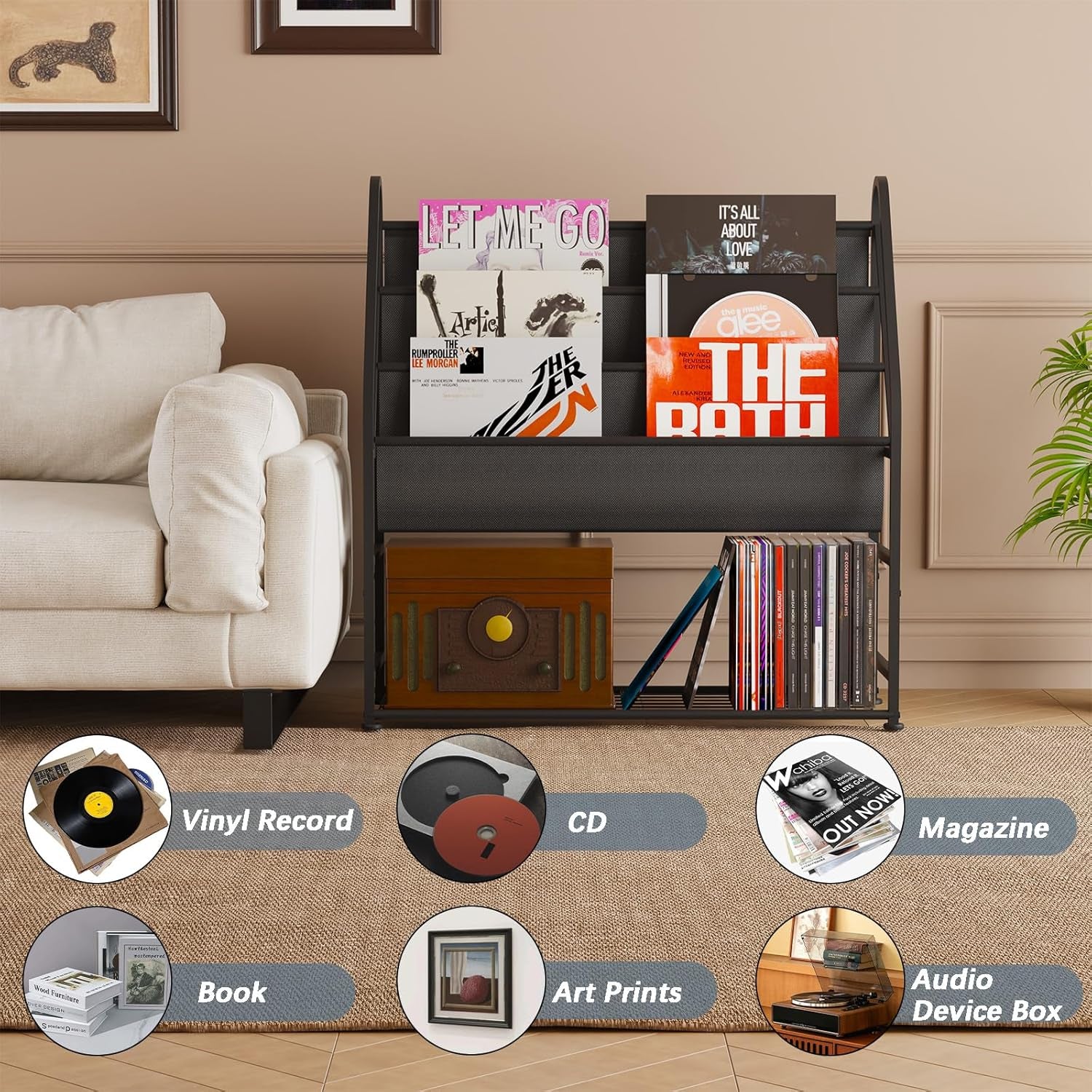 Vinyl Record Storage with Vinyl Shelf Display, Large Capacity Record Player Stand up to 300 Albums 12" D X 31" W X 33" H, Vinyl Record Holder for Lp/Cd/Dvd/Magazine/Books/Album, Black