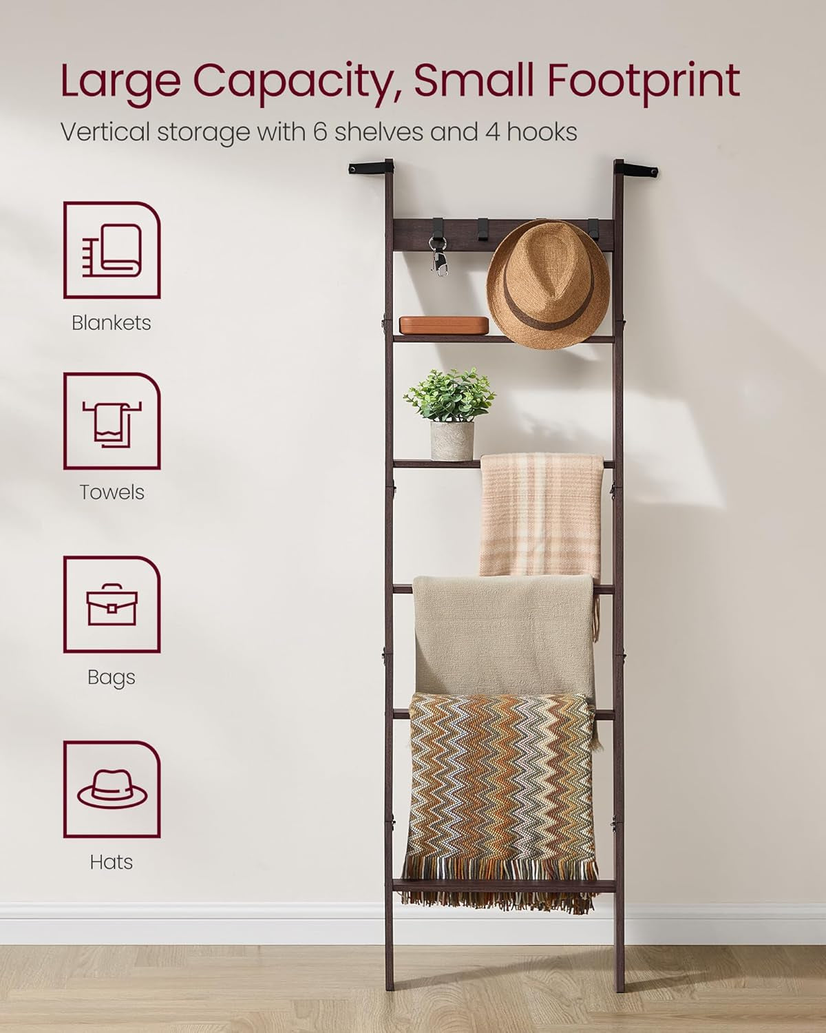 Blanket Ladder Shelf, 6-Tier Ladder Rack for Storage and Decor with 4 Removable Hooks, Decorative Farmhouse for the Living Room, Maroon Brown ULLS038K01