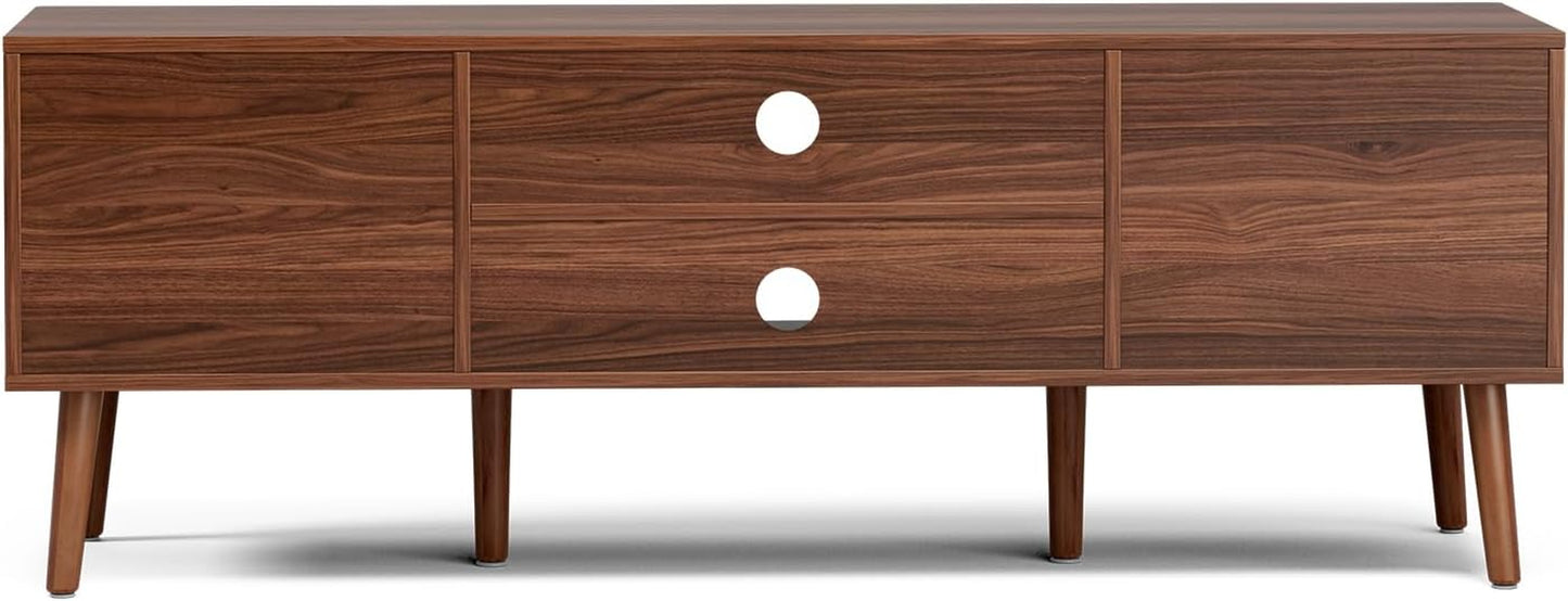 TV Stand for Living Room, Mid Century Modern Entertainment Center for 55/60/65 Inch Tvs, TV Console with Fluted Door Cabinets and Open Shelves, for Bedroom, Walnut