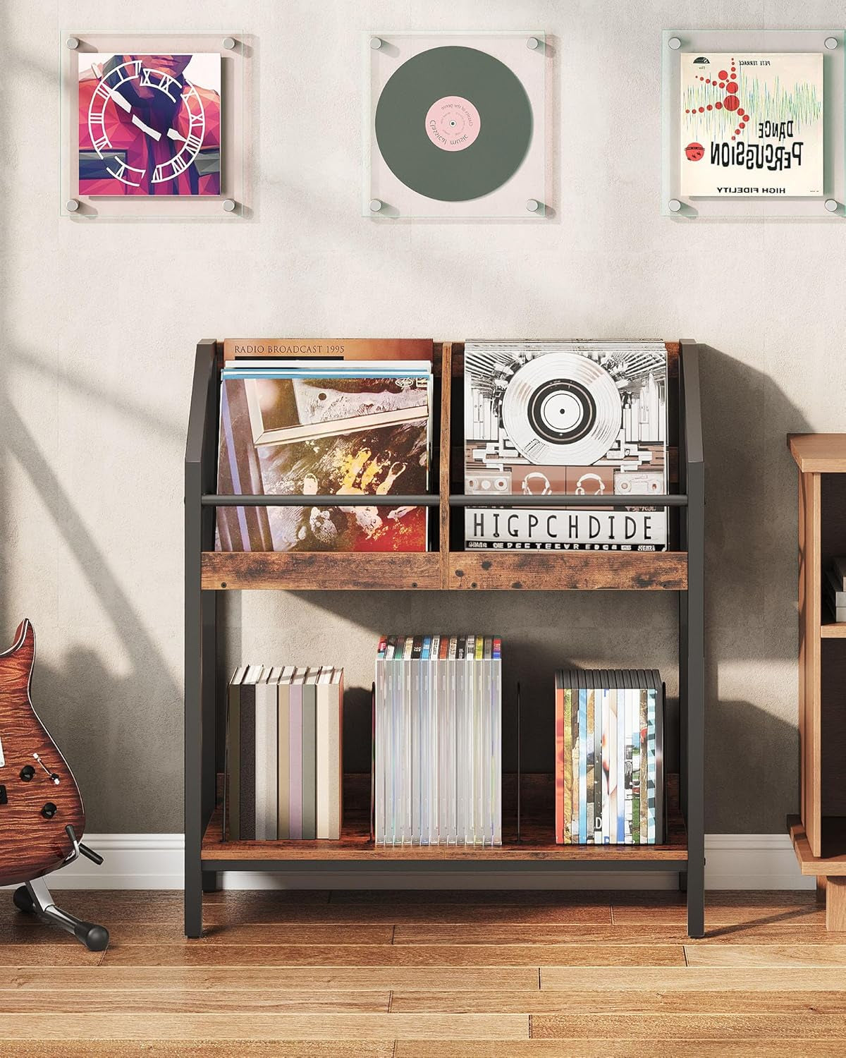 2-Tier Vinyl Record Storage Holder Rack, 250 LP Albums Display Shelf, Wooden Vinyl Storage Rack with Wire Dividers for Records, Cds, Books, Rustic Brown and Black TCW07BF