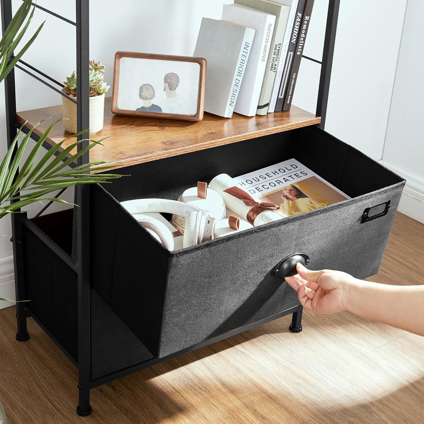 Nightstand, Industrial Bedside Table with 2 Fabric Drawers, Storage Shelves, Vertical Dresser Storage Tower with Wooden Top, Metal Frame, Labels, Rustic Brown and Black ULVT03H