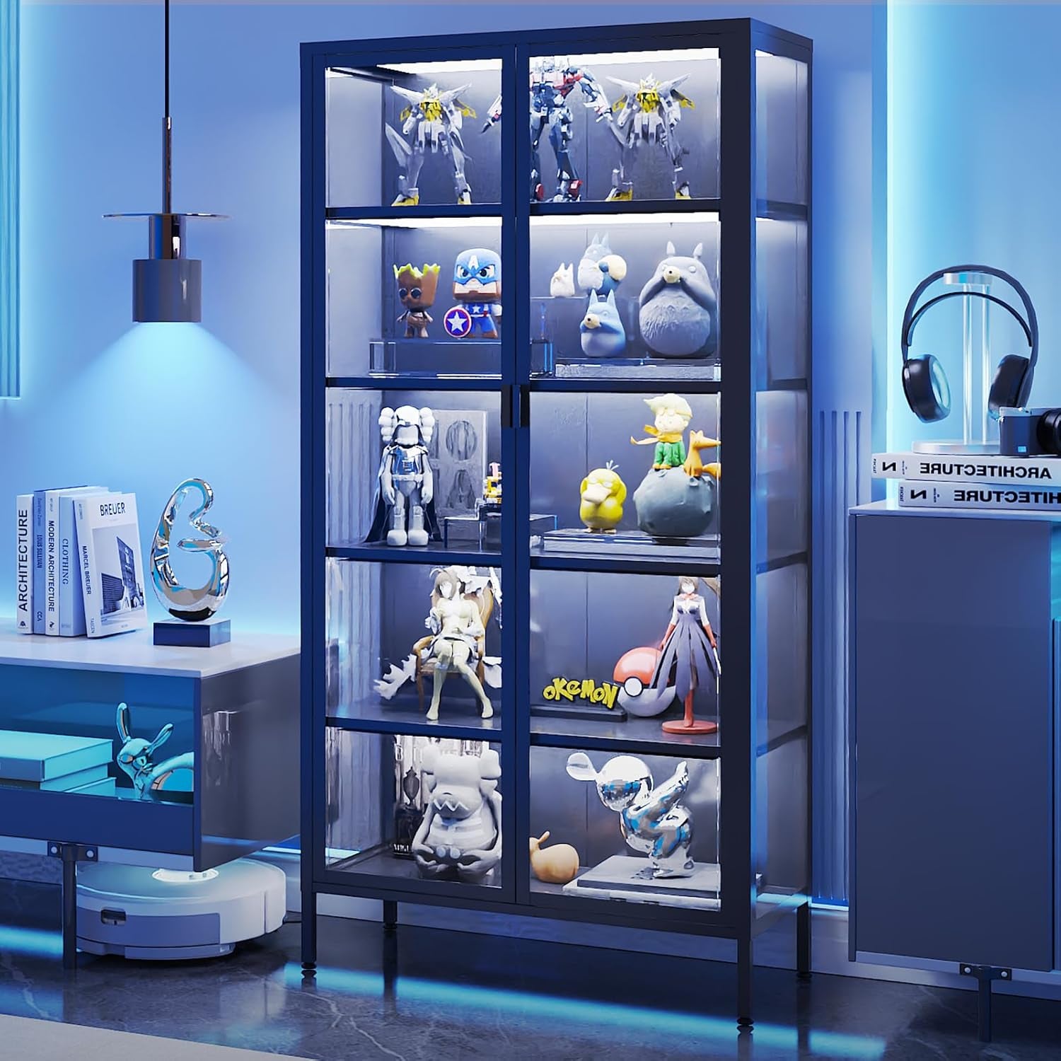 71" H Display Cabinet with Glass Doors,Display Case with LED Sensor Lights,Glass Display Cabinet with Adjustable Shelves and Feet,Display Cabinets for Living Room/Bedroom/Kitchen