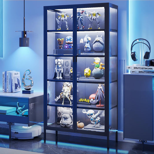 71" H Display Cabinet with Glass Doors,Display Case with LED Sensor Lights,Glass Display Cabinet with Adjustable Shelves and Feet,Display Cabinets for Living Room/Bedroom/Kitchen