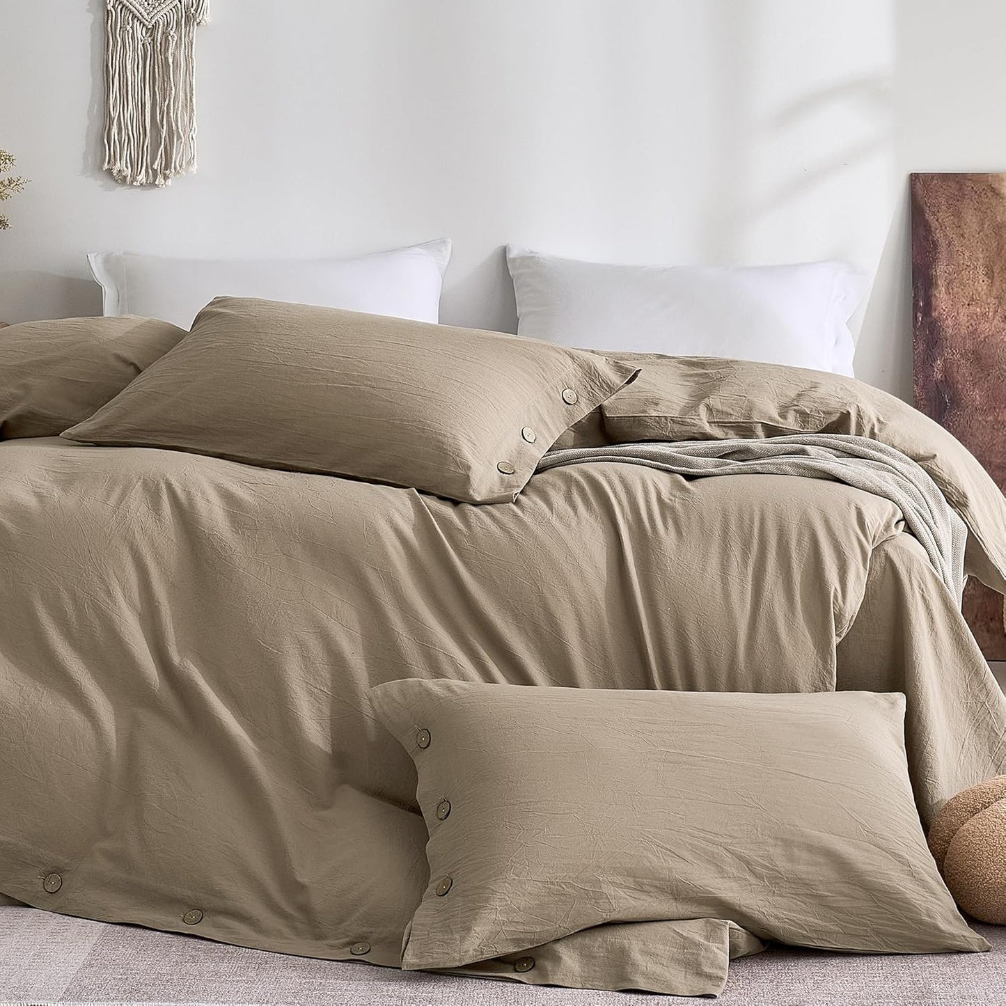 100% Washed Cotton King Pillowcases Set, 2 Pack Linen-Like Texture Breathable Pillow Covers with Button Closure,Dusty Khaki King 20"×36"(Pillows Are Not Included)