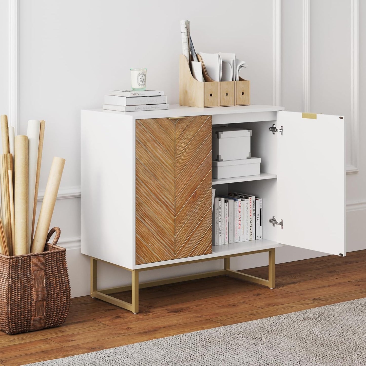 Enloe Modern Storage Free Standing Accent Cabinet White with Doors in a Rustic Pine Wood Finish and Gold Powder-Coated Metal Base for Hallway, Entryway or Living Room, Brown/White/Gold