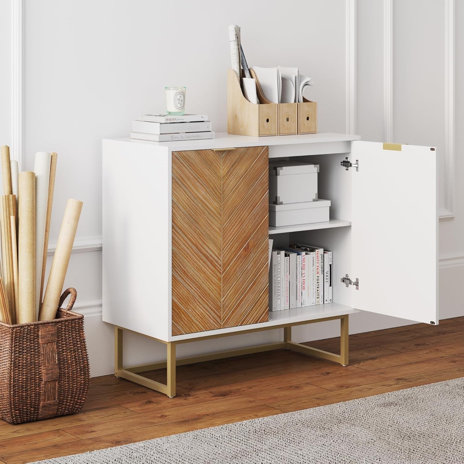 Enloe Modern Storage Free Standing Accent Cabinet White with Doors in a Rustic Pine Wood Finish and Gold Powder-Coated Metal Base for Hallway, Entryway or Living Room, Brown/White/Gold