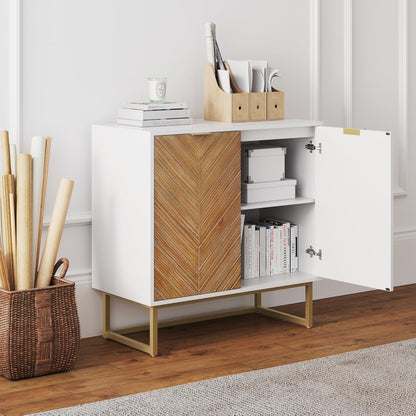 Enloe Modern Storage Free Standing Accent Cabinet White with Doors in a Rustic Pine Wood Finish and Gold Powder-Coated Metal Base for Hallway, Entryway or Living Room, Brown/White/Gold