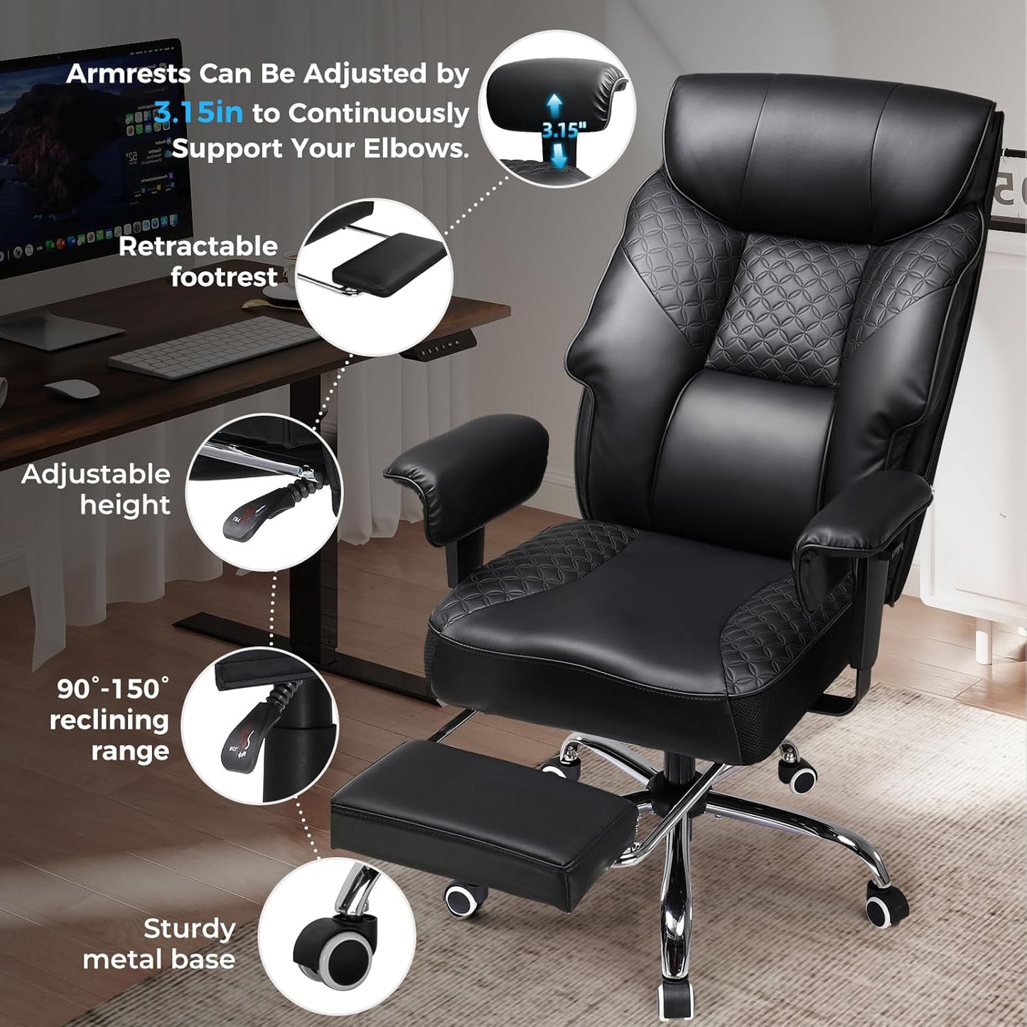 Big and Tall Office Chair 400LBS Wide Ergonomic Gaming Chair with Deluxe Embossing Designed Leather with Foot Rest,150°Reclining Adjustable Soft Armrests Pocket Spring Back Support and Pillow
