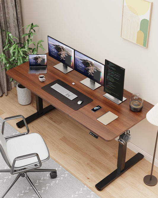 55" Electric Standing Desk Adjustable Height, Sit Stand up Desk for Home Office & Computer Workstation, 2 Memory Height Settings, Splice Board, 2 Hooks, Black Frame/Walnut Top