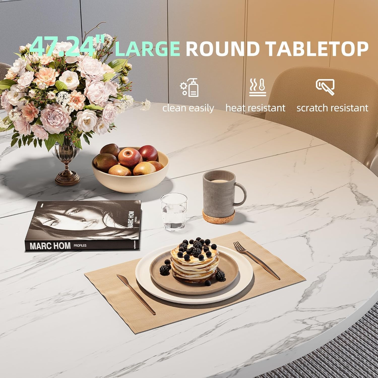 47.24" round Dining Table for 4-6 Person, round Kitchen Table with Wood Top, Circle Dinner Pedestal Tables with Metal Legs for Dining Room Kitchen (White Marble)