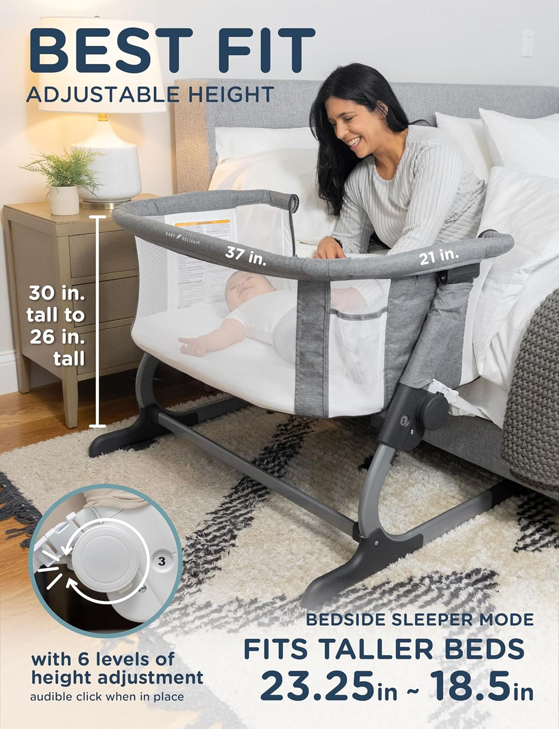 beside Me Dreamer Bassinet | Bedside Sleeper | 6-Position Height Adjustment | Charcoal Tweed