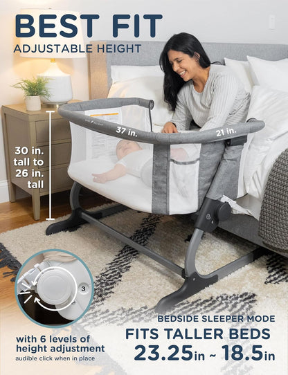 beside Me Dreamer Bassinet | Bedside Sleeper | 6-Position Height Adjustment | Charcoal Tweed