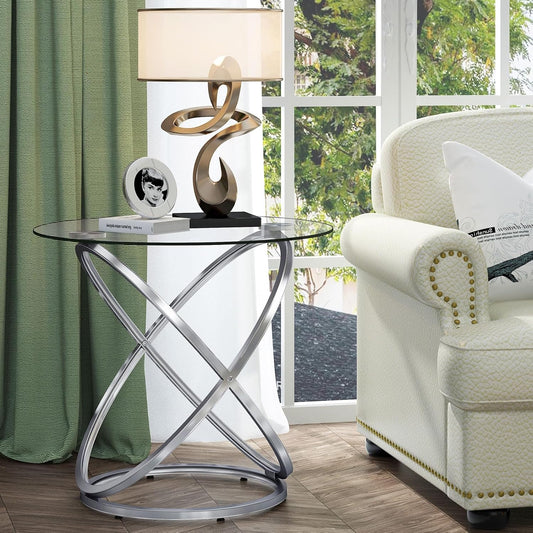 Glass round End Table, Modern Contemporary Side Table for Small Space with Tempered Glass Tabletop for Living Room, Chrome Finish