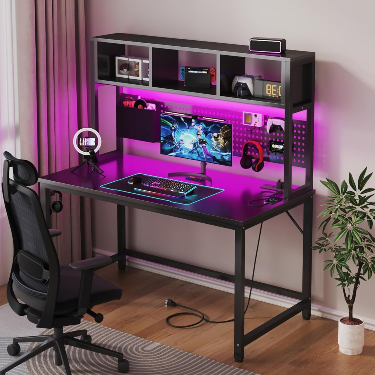 Black Gaming Desk with Hutch and Pegboard - 47 Inch Gaming Desk with Shelves Storage Power Outlets, Computer Teen Work Study Writing Desks for Bedroom Home Office