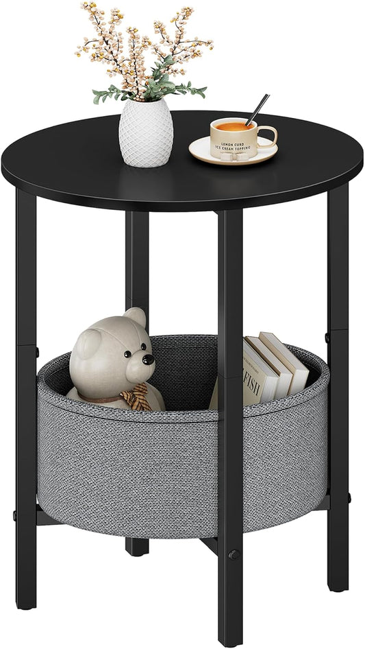 round Side Table End Table with Storage Basket, Small Side Table round Nightstand for Small Spaces, Tall Oval End Table with Steel Frame, Coffee Bedside Table for Living Room Bedroom, Black