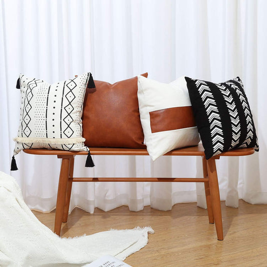Boho Throw Pillow Covers 18 X 18 Set of 4 - Modern Stripe Geometric Farmhouse Decorative Pillow Cover Sets for Pillows - Couch Sofa Bed,Faux Leather Black and White Pillow Covers