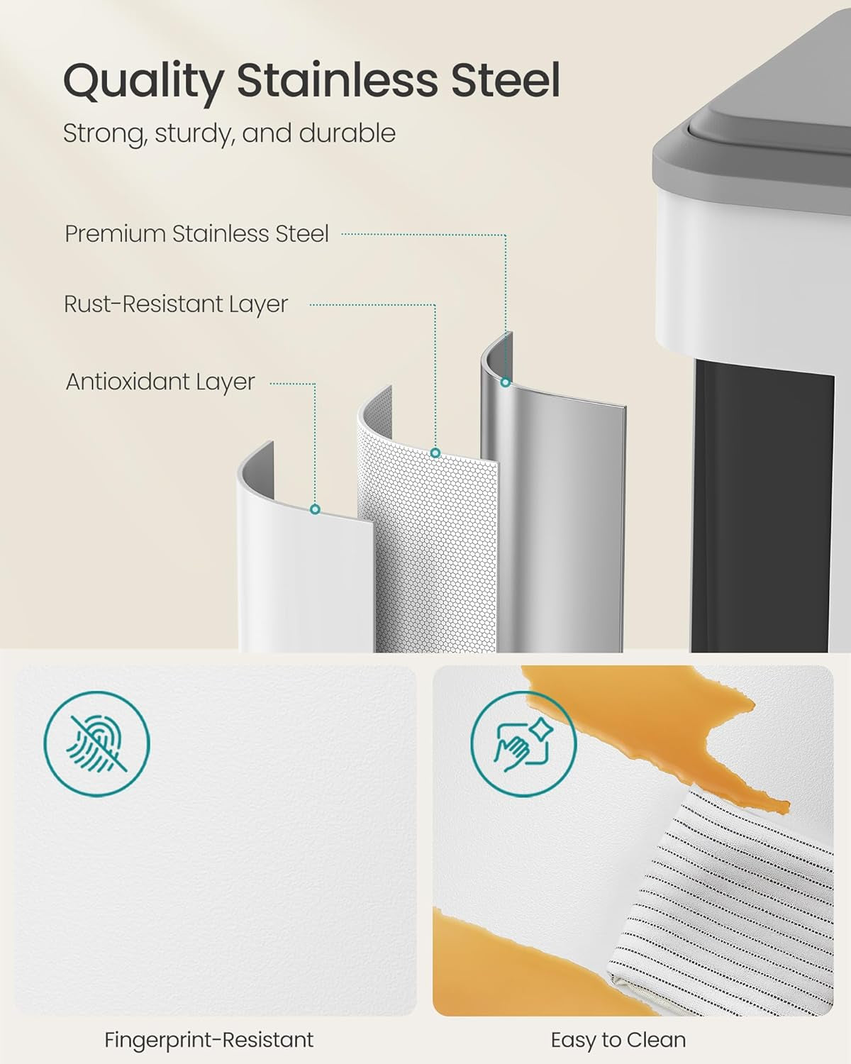 Trash Can, 2 X 8 Gallon (2 X 30 L) Double Garabge Can for Recycling and Waste, Stainless Steel, Soft-Close Lid, Inner Buckets, Wide Sturdy Pedal, Cloud White ULTB556W01