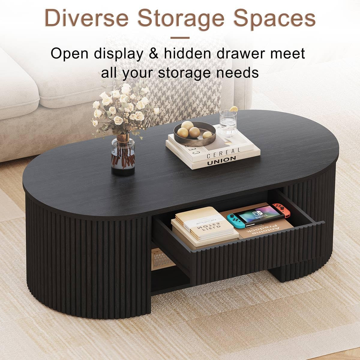 Coffee Table for Living Room Storage, Modern Wood Fluted Center Table with Drawer, Mid-Century Oval Living Room Tables with Shelf (Black, 43.31 Inch)
