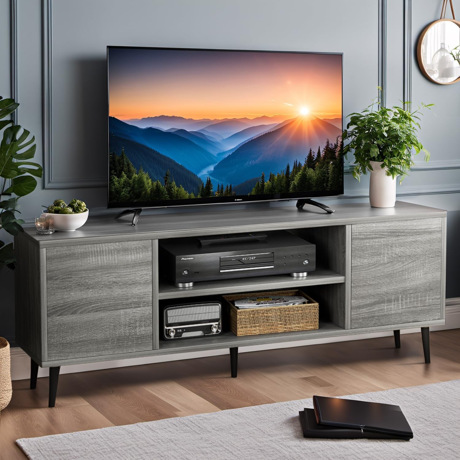 Modern TV Stand for 65" Television, Entertainment Center with Two Storage Cabinets, Retro Style Media Console for Living Room, Bedroom, Office, 58 Inch, Light Gray