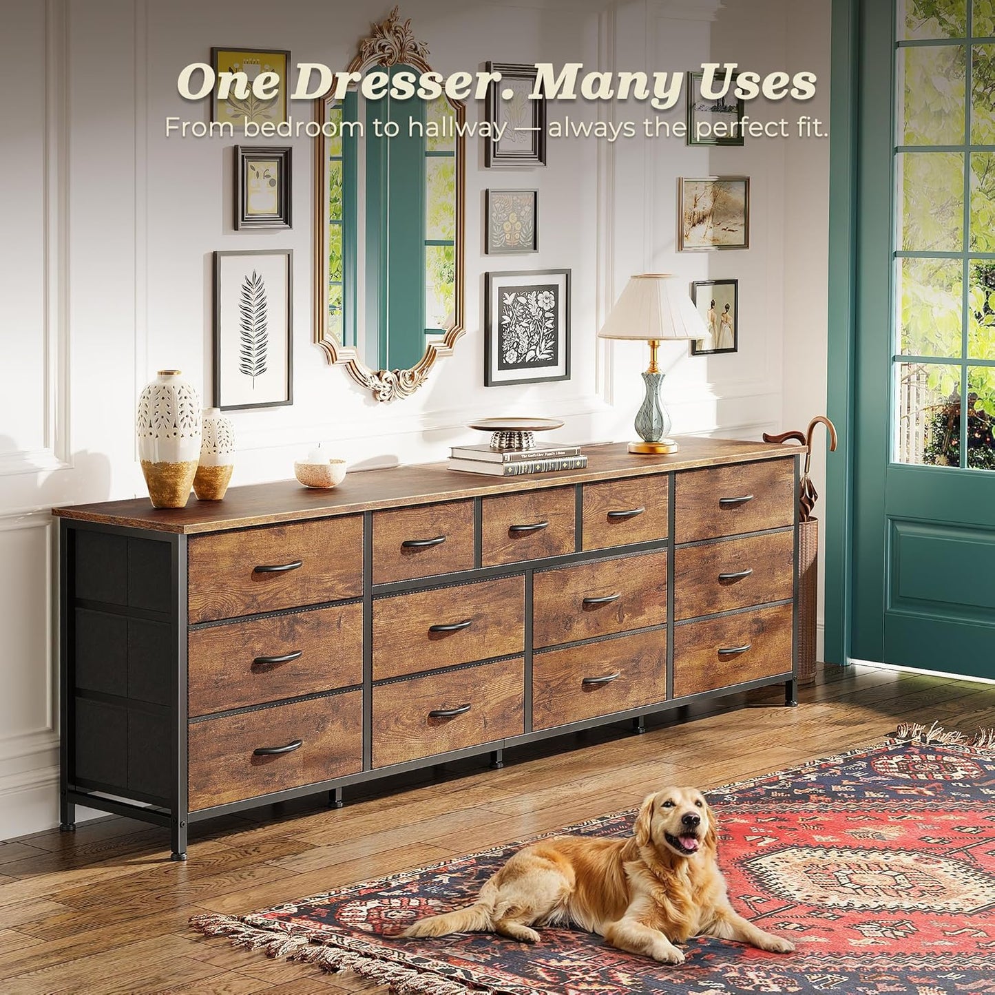 70 Inch Dresser for Bedroom, TV Stand for 65, 75, 80 Inch TV, 13 Fabric Drawer Long Dresser, Large Entertainment Center for Bedroom, Wide Chest of Drawer with Storage, Rustic Brown