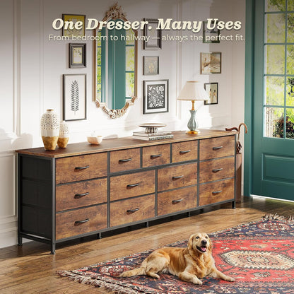 70 Inch White Dresser for Bedroom, TV Stand for 65, 75, 80 Inch TV, 13 Fabric Drawer Long Dresser, Wide Chest of Drawer, Storage Units for Bedroom