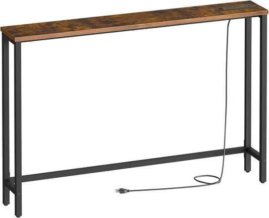 47.2" Narrow Console Table with Power Outlet, 5.9" behind Couch Table with Charging Station, Long Sofa Side Table, Skinny Entryway Table for Living Room, Hallway, Foyer, Rustic Brown BF15XG01G1