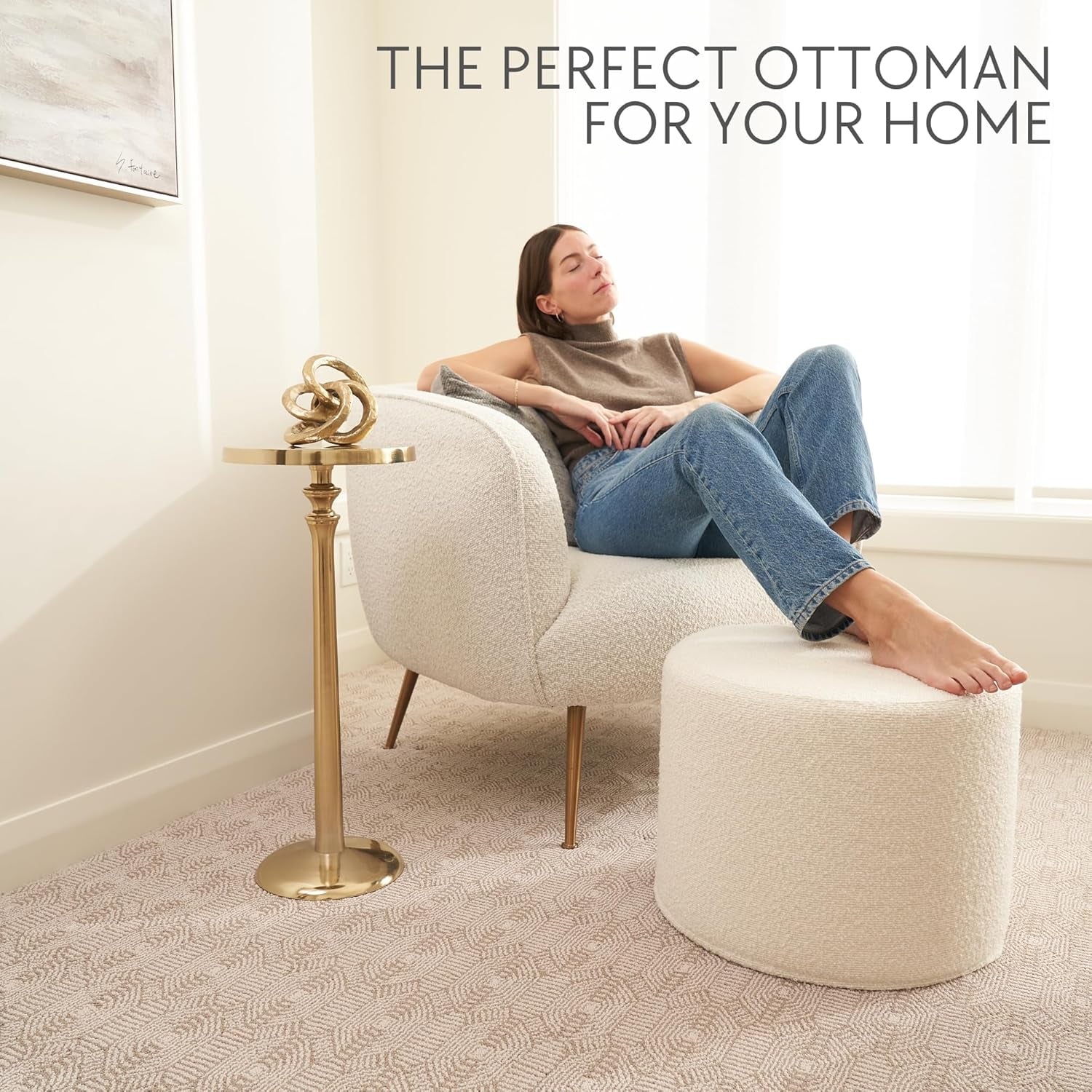 Beautiful Boucle Pouf Ottoman and Foot Rest - Elevate Your Living Room Decor with Lightweight Comfort and Charm - a round Modern Foam Filled Foot Stool Perfect to Rest Your Feet