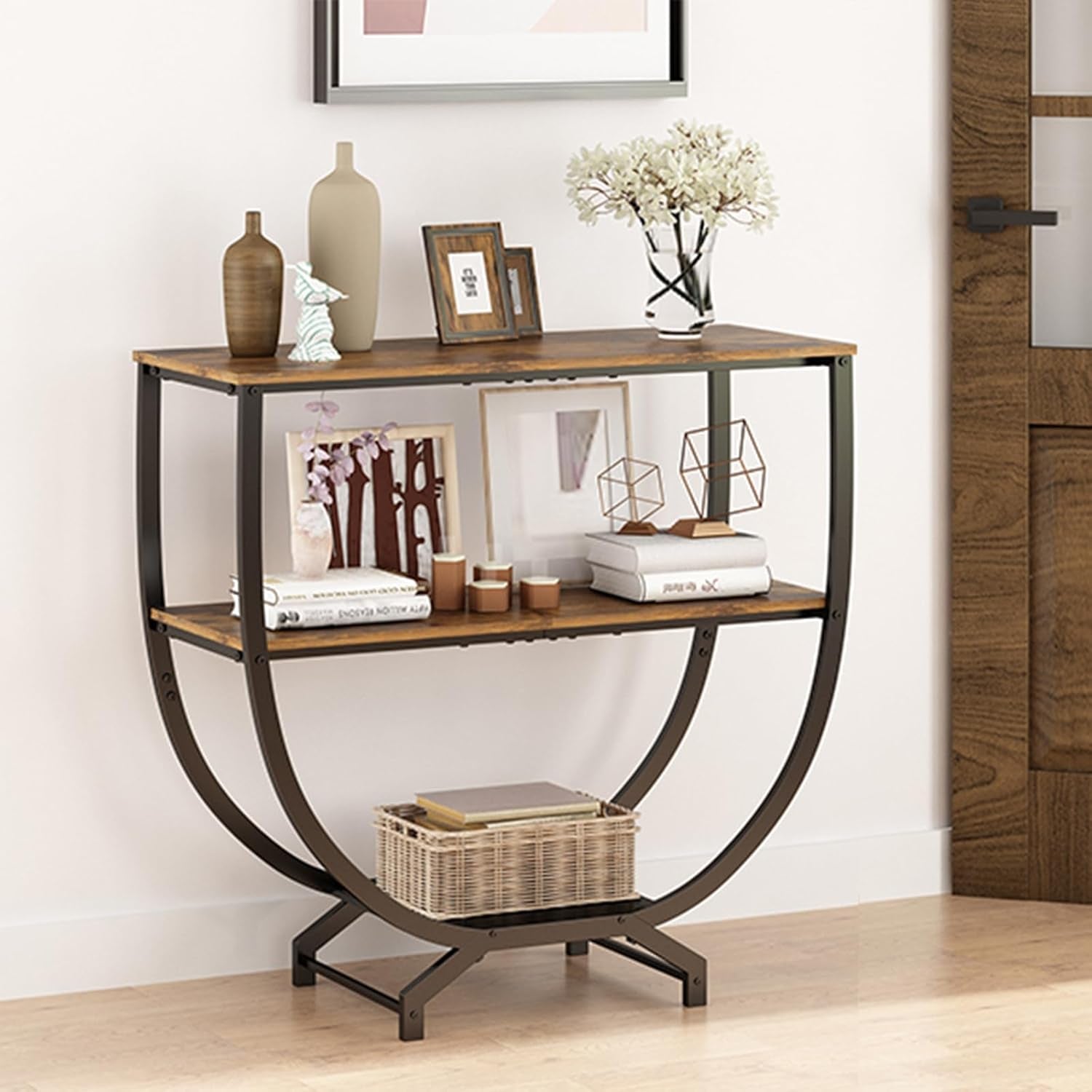 3 Tier Console Tables, 30" Height Entryway Table, Sofa Table behind Couch, Industrial Entryway Furniture Entry Way TV Stand with Storage for Living Room, Hallway, Entrance, Rustic Brown