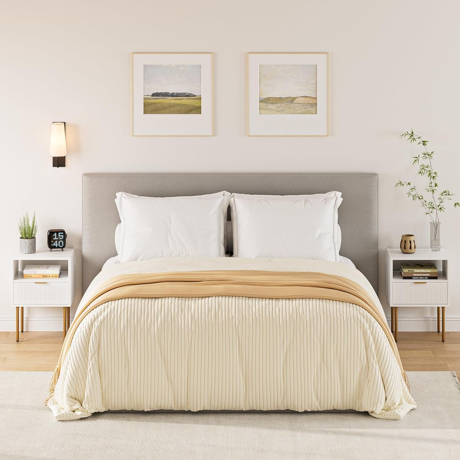 Nightstand,Mid-Century Modern Bedside Table with Storage Drawer and Open Wood Shelf,Small Gold Frame Side Table for Bedroom,Living Room,White