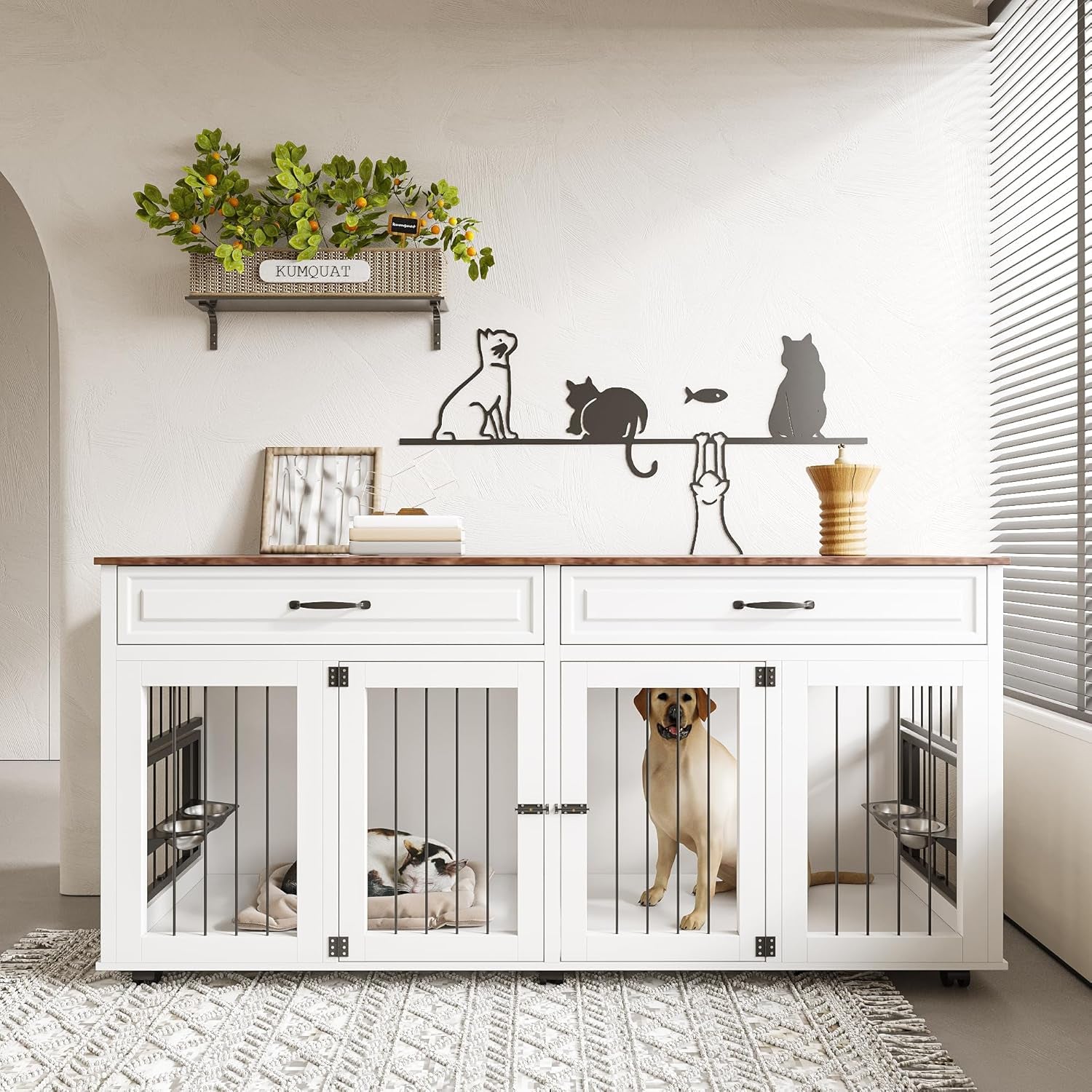 Double XL Dog Crate Furniture,Dog Crate Wooden Pet Kennel Cabinet with 2 Doors,Large Double Dog Kennel TV Stand with 360° Rotating Feeder & Wheels,Rolling Cage with 2 Storage Drawers,White+Walnut