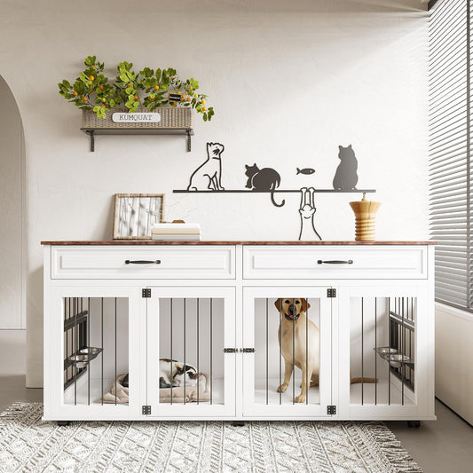 Double XL Dog Crate Furniture,Dog Crate Wooden Pet Kennel Cabinet with 2 Doors,Large Double Dog Kennel TV Stand with 360° Rotating Feeder & Wheels,Rolling Cage with 2 Storage Drawers,White+Walnut