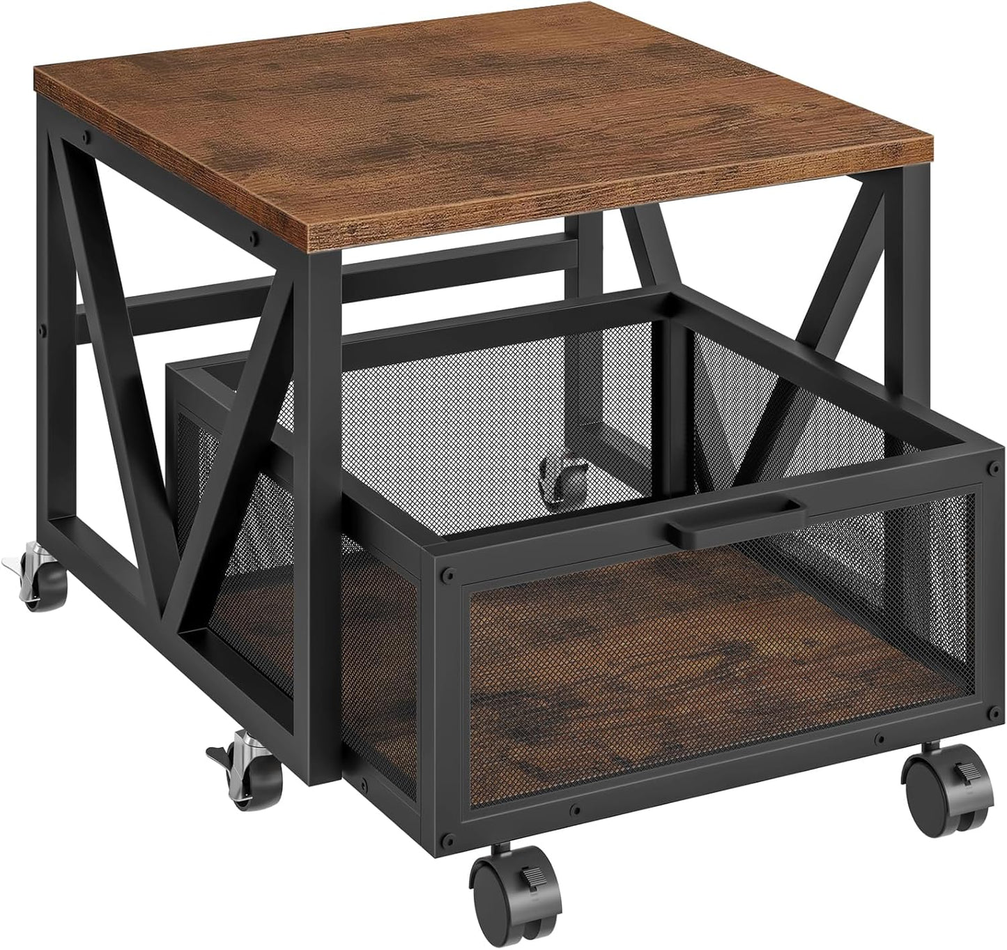 Mini Fridge Stand with Movable Storage Basket and Wheels, Mini Fridge Cabinet with Wheels, Sturdy Metal Frame, for Home, Office, Dorm, Rustic Brown and Black BF255TL01