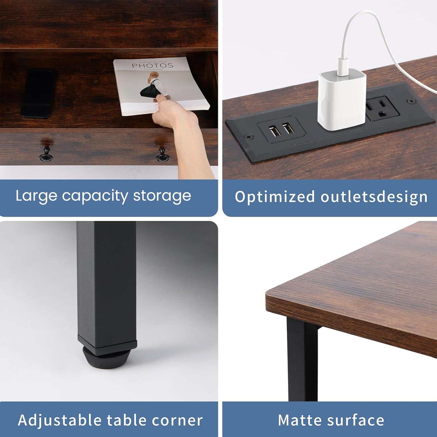 3 Wooden Drawers Night Stand, 27 Inch Wide Nightstand with Charging Station and Adjustable Drawers, Small Dresser for Closet, Bedside Table for Living Room/Bedroom/Office, Retro Brown.