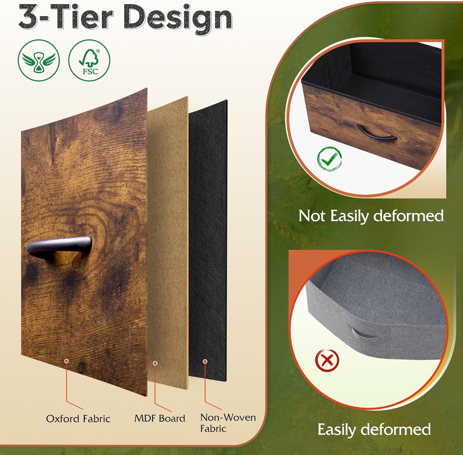 Dresser with 4 Drawers, Fabric Storage Tower, Organizer Unit for Bedroom, Hallway, Entryway, Closets, Sturdy Steel Frame, Wood Top, Easy Pull Handle, Rustic Brown Wood Grain Print