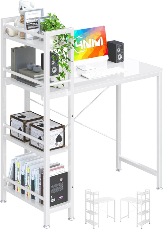 35" Small Computer Desk with 4-Tier Bookshelf, Home Office Desk Writing Workstation Study Table Multipurpose for Small Space Work - All White