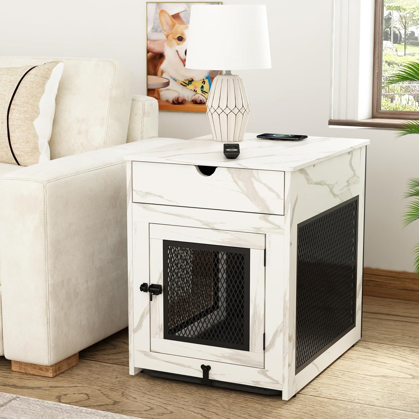 Dog Crate Furniture,Wooden Dog Crate End Table with Storage Drawer&Cushion&Tray, QC3.0 Wireless Charging,Dual Usb,Small Dogs Marble White