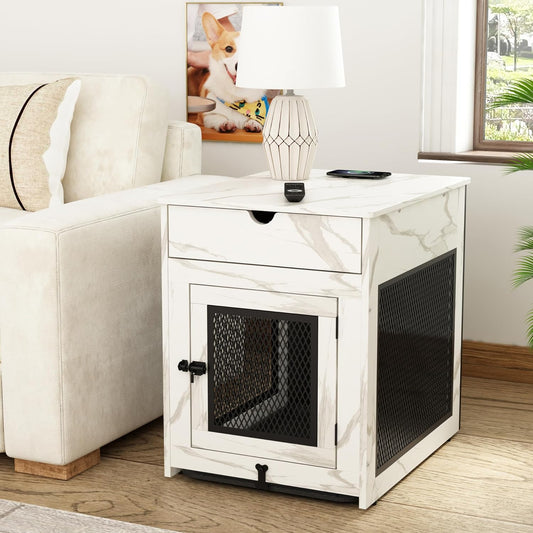 Dog Crate Furniture,Wooden Dog Crate End Table with Storage Drawer&Cushion&Tray, QC3.0 Wireless Charging,Dual Usb,Small Dogs Marble White